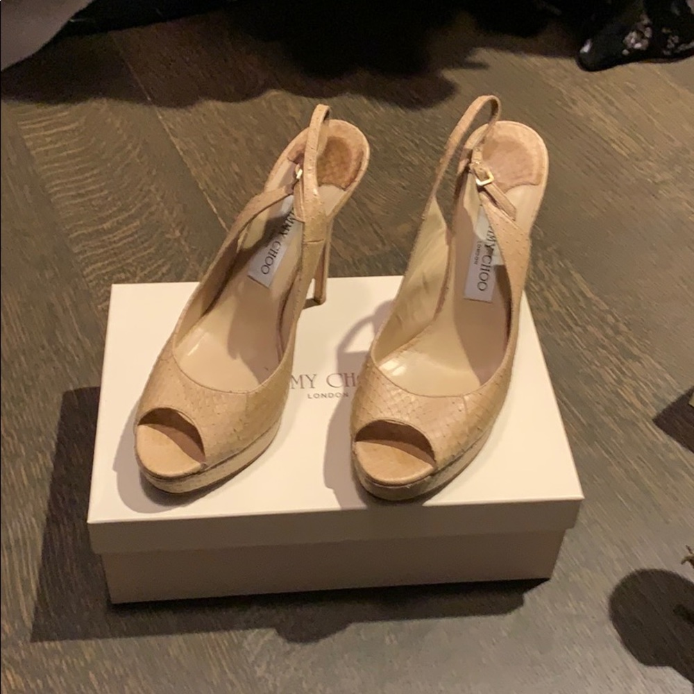 Jimmy Choo Crocodile, tan, peep toe sling backs